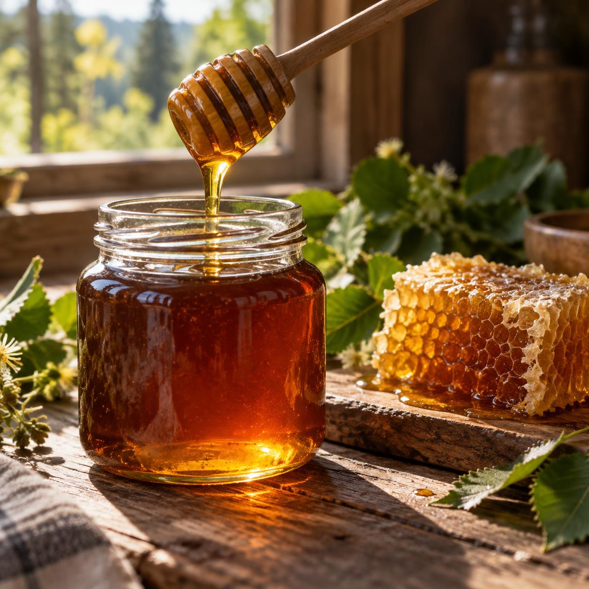 Honey dripping into a jar